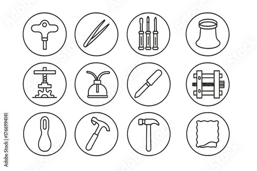 Clockmaking Tool Icons. Line style icons of clockmaking tools in round shape: winding key, tweezers, screwdrivers, loupe lens;