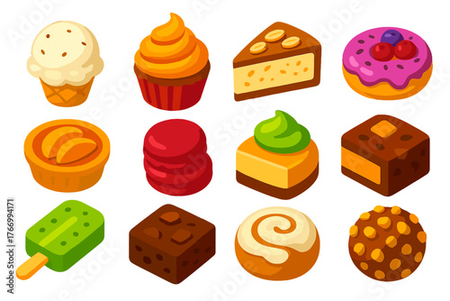 Bright Dessert Icons. Isometric vector illustration set dessert icons: vanilla bean ice cream, orange swirl cupcake, almond cake
