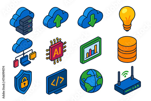 Cloud Connectivity Icons. Isometric vector illustration set Cloud Connectivity Icons: cloud server, upload arrow, download arrow,