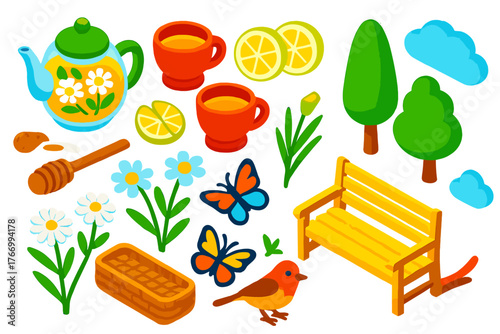 Tea Garden Serenity. Isometric vector illustration set featuring food and nature: herbal tea pot, tea cups, lemon slices, honey