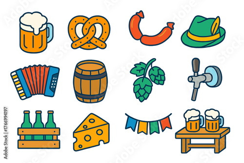 Oktoberfest Icons Set. Isometric vector illustration set Oktoberfest Celebration Linear Icons: beer mug, pretzel, sausage link,
