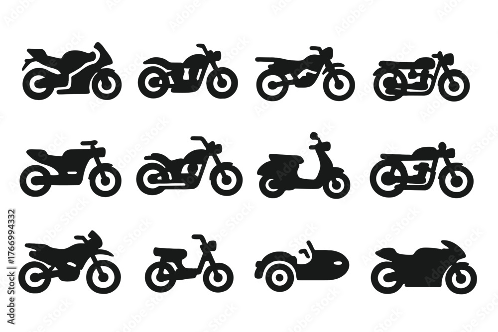 Obraz premium Various Motorcycle Icons. Solid style icons of Motorcycles and bikes: sport bike, cruiser, dirt bike, touring bike, electric