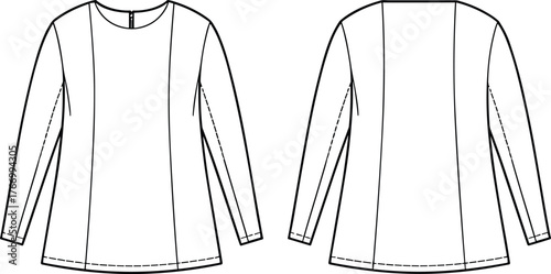 Long-sleeve women’s top template, front and back view, round neckline, tailored seams, fashion sketch, vector garment design, clothing mockup, fitted style