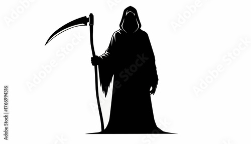 Grim Reaper silhouette holding scythe, iconic symbol of death and fate