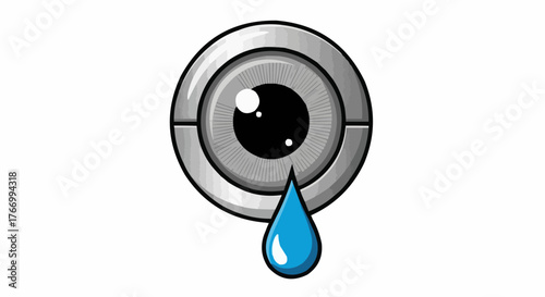 Crying robotic eye with blue tear drop, symbolizing sadness, loss, or empathy