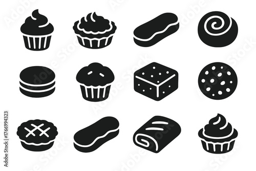Pastry and Sweet Icons. Solid style icons of Pastries and sweets: cupcake, tart, eclair, danish, macaron, muffin, brownie, cookie,