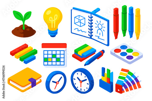 Growth and Creativity Icons. Isometric vector illustration set growth and creativity: green sprout in soil, idea light bulb,