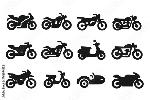 Various Motorcycle Icons. Solid style icons of Motorcycles and bikes: sport bike, cruiser, dirt bike, touring bike, electric