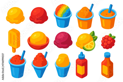 Sweet Treats Collection. Isometric vector illustration set sweet treats collection: sherbet scoop, sorbet scoop, rainbow shaved