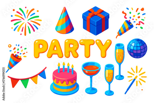 Celebration Icon Set. Isometric vector illustration set celebration elements: colorful pyrotechnic fireworks, holographic party