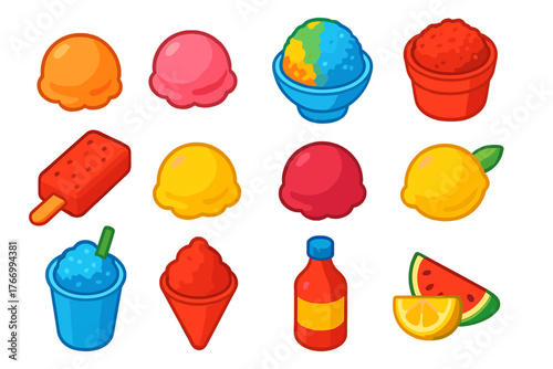 Sweet Treats Collection. Isometric vector illustration set sweet treats collection: sherbet scoop, sorbet scoop, rainbow shaved