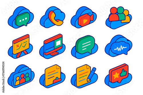 Cloud Communication Icons. Isometric vector illustration set Cloud Communication Platforms: chat cloud icon, voice cloud icon,