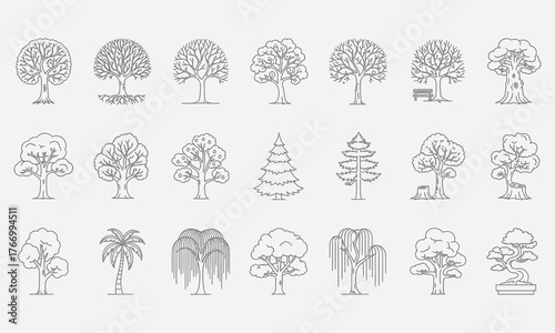 Comprehensive collection of diverse outline tree icons, featuring various arboreal shapes and styles suitable for nature-themed graphic design, environmental projects, and ecological illustrations