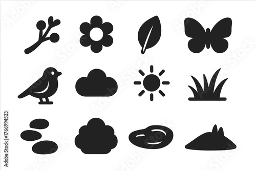 Nature Icons Collection. Solid style icons of Nature and environment: tree branch, flower, leaf, butterfly, bird, cloud, sun,