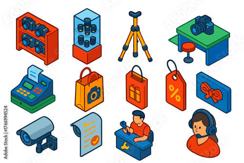 Camera Store Icons. Isometric vector illustration set Camera Store Icons: camera display shelf, lens display case, tripod stand,
