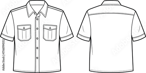 Short-sleeve button-up shirt template, front and back view, chest pockets, collar detail, fashion sketch, vector garment design, clothing mockup