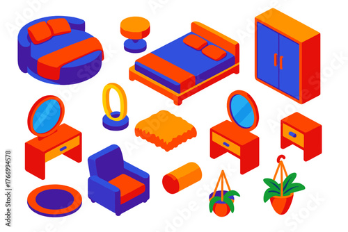 Bedroom Elements Collection. Isometric vector illustration set bedroom elements collection: round bed, low platform bed, circular