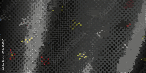 Abstract textured background with a dark perforated pattern and scattered colorful elements