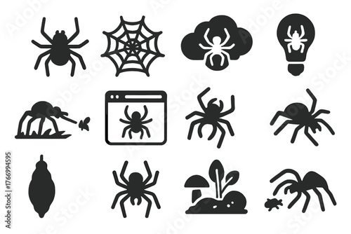 Arachnid Iconography. Solid style icons of Arachnid inspiration: spider sketch, web pattern drawing, silk diagram, creative cloud,