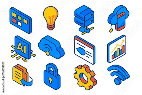Cloud Workflow Icons. Isometric vector illustration set Cloud Workflow Icons: project board, lightbulb, cloud server, mobile