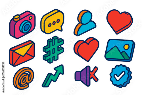 Vibrant Social Media Icons. Isometric vector illustration set Social Media and Interaction: camera, speech bubble, user icon,