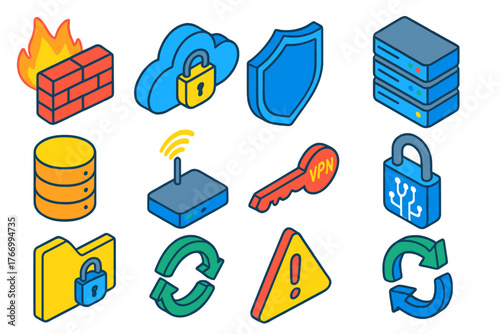 Protected Network Icons. Isometric vector illustration set Protected Network Icons: firewall, cloud with lock, shield symbol,