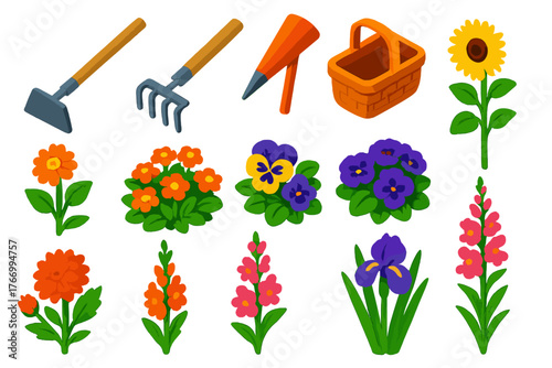 Vibrant Garden Tools. Isometric vector illustration set featuring tools and plants: garden hoe, hand rake, seed planter, harvest