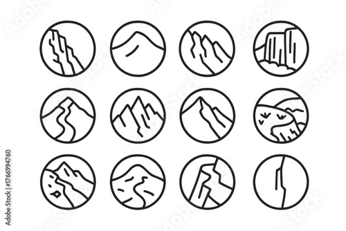 Mountain Terrain Icons. Line style icons of mountain terrain in round shape: rocky cliff, snow slope, ice wall, glacier edge;