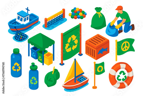 Eco-Friendly Initiative Icons. Isometric vector illustration set recycling, sustainability, and minimalist design for a greener