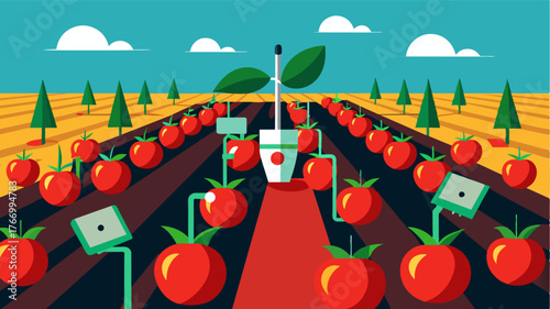 A field of tomatoes with solarpowered AI sensors buried in the soil constantly monitoring and adjusting watering schedules for maximum yield.. Vector illustration