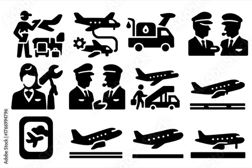Aviation Icons Collection. Solid style icons of Aviation life: pre-flight check, refueling, luggage loading, maintenance, pilot