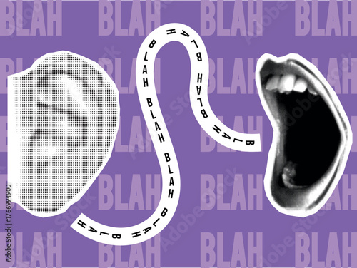 Pop art halftone style mouth with ear and lips illustration communicating. Mouth speaks into ear and strip with text.  Speaking sounds vector illustration