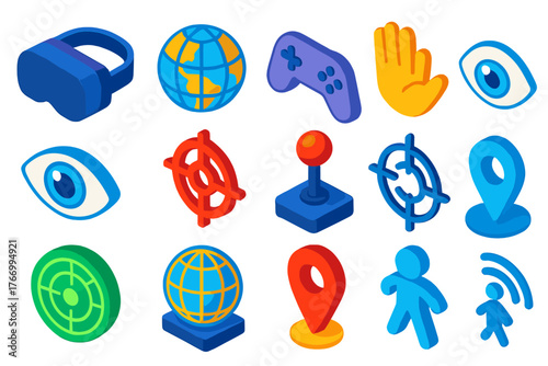 Virtual World Icons. Isometric vector illustration set Virtual World Icons: headset, globe, controller, waving hand, eye, target,