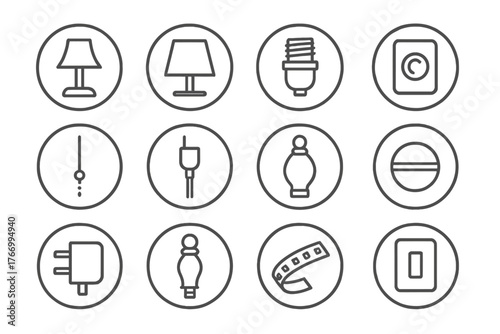 Lamp Accessories Icons. Line style icons of lamp accessories in round shape: lamp base, lamp shade, bulb socket, dimmer switch;
