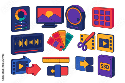 Film Editing Tools. Isometric vector illustration set design and editing tools: color grading panel, video preview monitor,