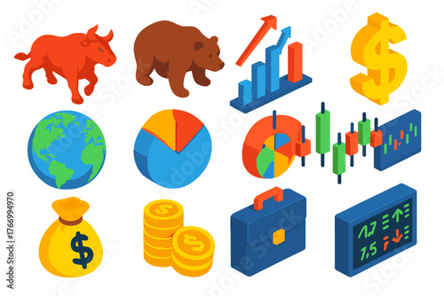 Global Market Icons. Isometric vector illustration set Global Market Icons: bull, bear, growth chart, dollar sign, globe, pie