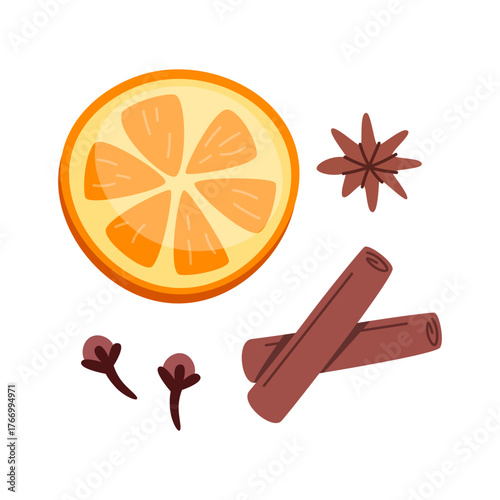 Winter spices, cinnamon sticks, star anise, dried orange slices, cloves. Flavor ingredients, seasonings.
