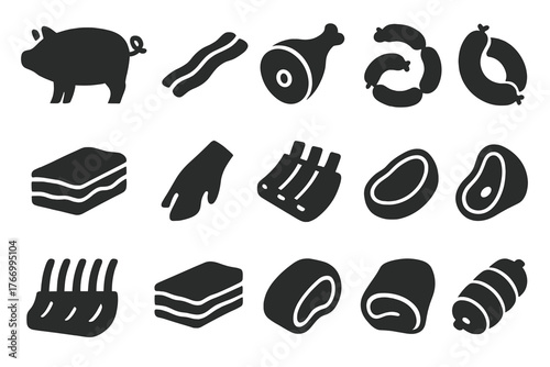 Pig Produce Icons. Solid style icons of Pig produce: pork cut, bacon, ham, sausages, lard, trotters, ribs, chops, ribs rack, belly