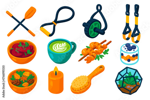 Healthy Lifestyle Icons. Isometric vector illustration set Healthy Lifestyle: rowing oars, stretch band, ab roller, suspension