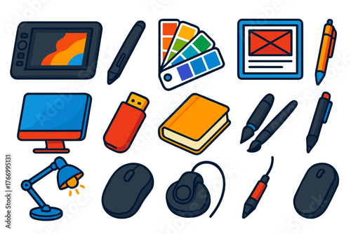 Design Tools Icons. Isometric vector illustration set design tools for graphic designers and creatives: drawing screen tablet,