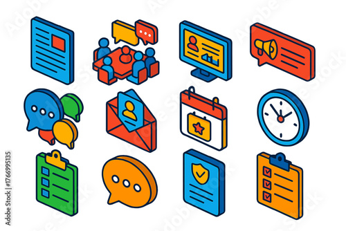 Internal Communication Icons. Isometric vector illustration set Internal Company Communication Icons: newsletter document, team