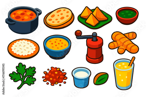 Colorful Indian Cuisine Icons. Isometric vector illustration set cooking themes: curry pot, naan bread, samosa, chutney bowl,
