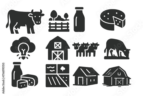 Dairy Icon Collection. Solid style icons of Dairy inspiration: cow sketch, pasture layout, milk bottle design, cheese wheel plan,