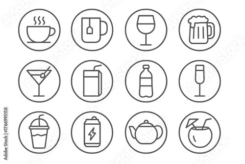 Round Drink Icons. Line style icons of drinks in round shape: coffee cup, tea mug, wine glass, beer mug; cocktail glass, juice box