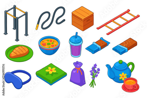 Healthy Lifestyle Icons. Isometric vector illustration set Healthy Lifestyle: pull-up tower, battle ropes, plyo box, agility