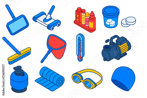Pool Maintenance Icons. Isometric vector illustration set Pool Maintenance Icons: pool skimmer, vacuum head, chemical test kit,