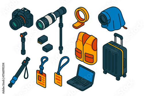 Sports Photography Gear. Isometric vector illustration set Sports Photography Kit: high-speed camera, super telephoto lens,
