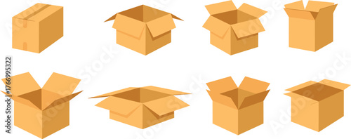 Cardboard box icons, packaging silhouettes, open and closed boxes, black graphic set, storage design, shipping container shapes