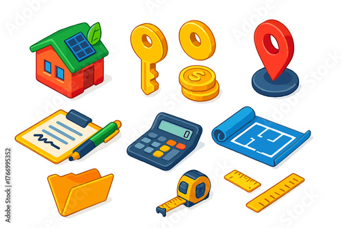 Real Estate Essentials. Isometric vector illustration set house, key, location, contract, dollar, floor plan design: eco house,