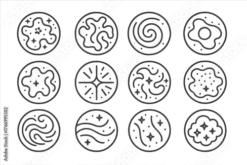 Cosmic Swirl Icons. Line style icons of nebulae in round shape: colorful nebula, gas cloud, spiral nebula, glowing mist;